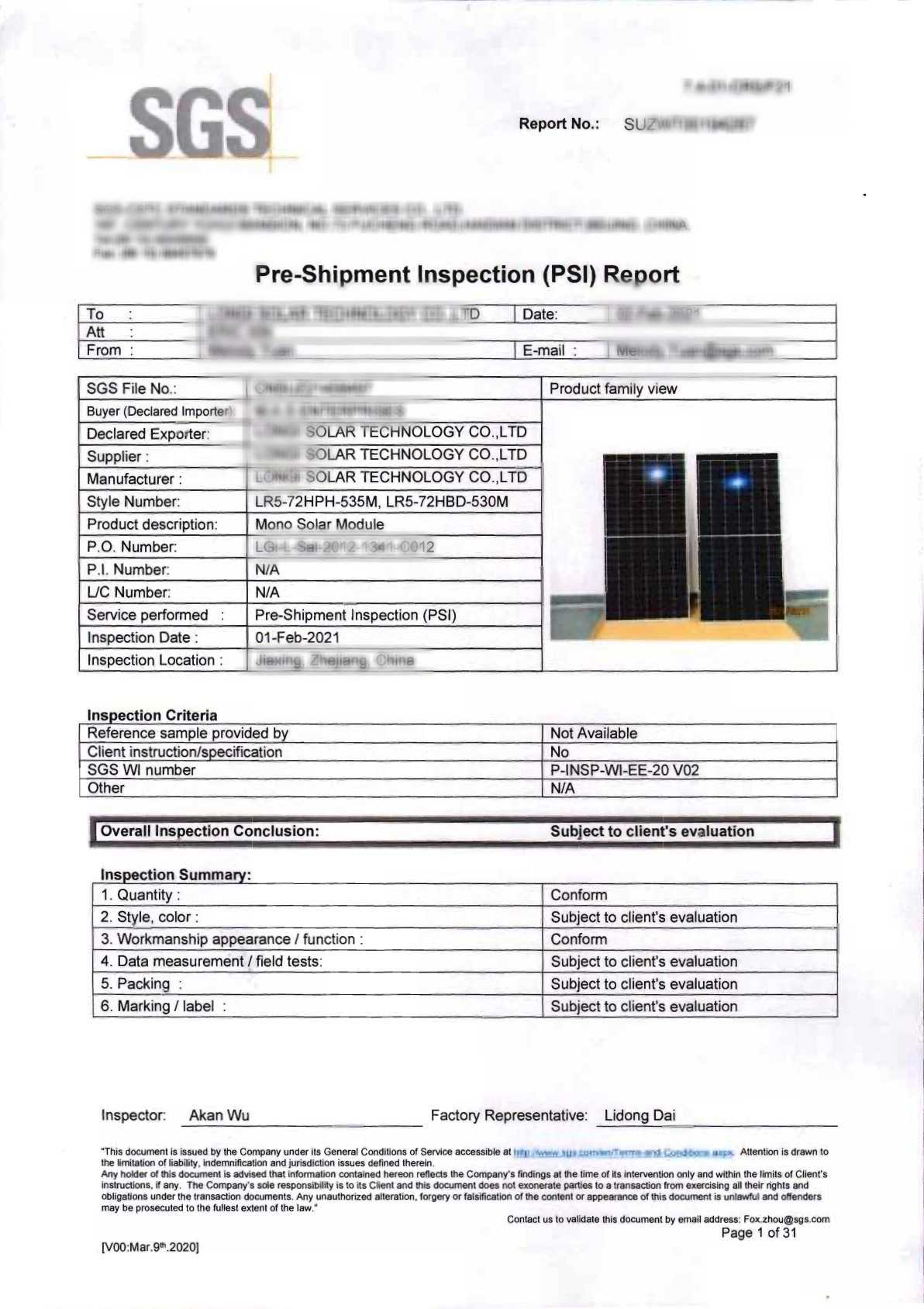 Pre-Shipment inspection report with product details